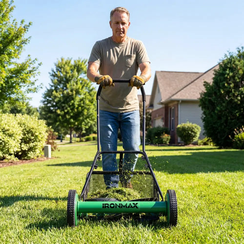 18 Inch Push Reel Lawn Mower 4-Position Adjustable with Removable Grass Catcher-Green - Green - Lawn Care Tools