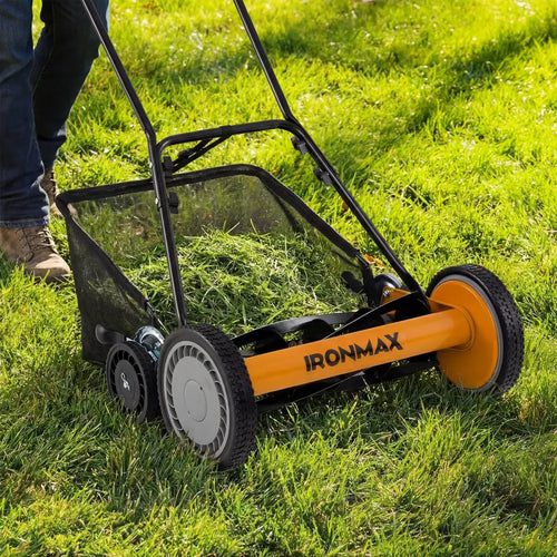 18 Inch Push Reel Lawn Mower 4-Position Adjustable with Removable Grass Catcher-Orange - Orange - Lawn Care Tools