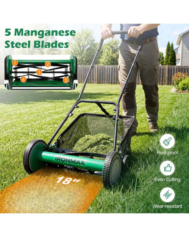 18 Inch Push Reel Lawn Mower 4-Position Adjustable with Removable Grass Catcher-Green - Green - Lawn Care Tools