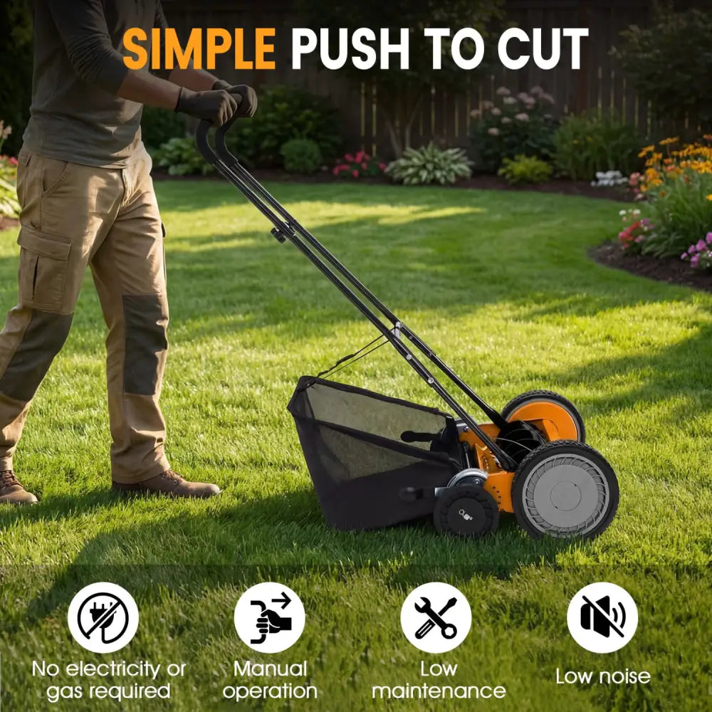 18 Inch Push Reel Lawn Mower 4-Position Adjustable with Removable Grass Catcher-Orange - Orange - Lawn Care Tools