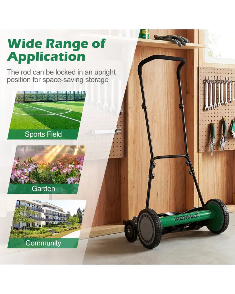 18 Inch Push Reel Lawn Mower 4-Position Adjustable with Removable Grass Catcher-Green - Green - Lawn Care Tools