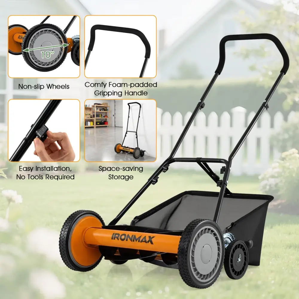 18 Inch Push Reel Lawn Mower 4-Position Adjustable with Removable Grass Catcher-Orange - Orange - Lawn Care Tools