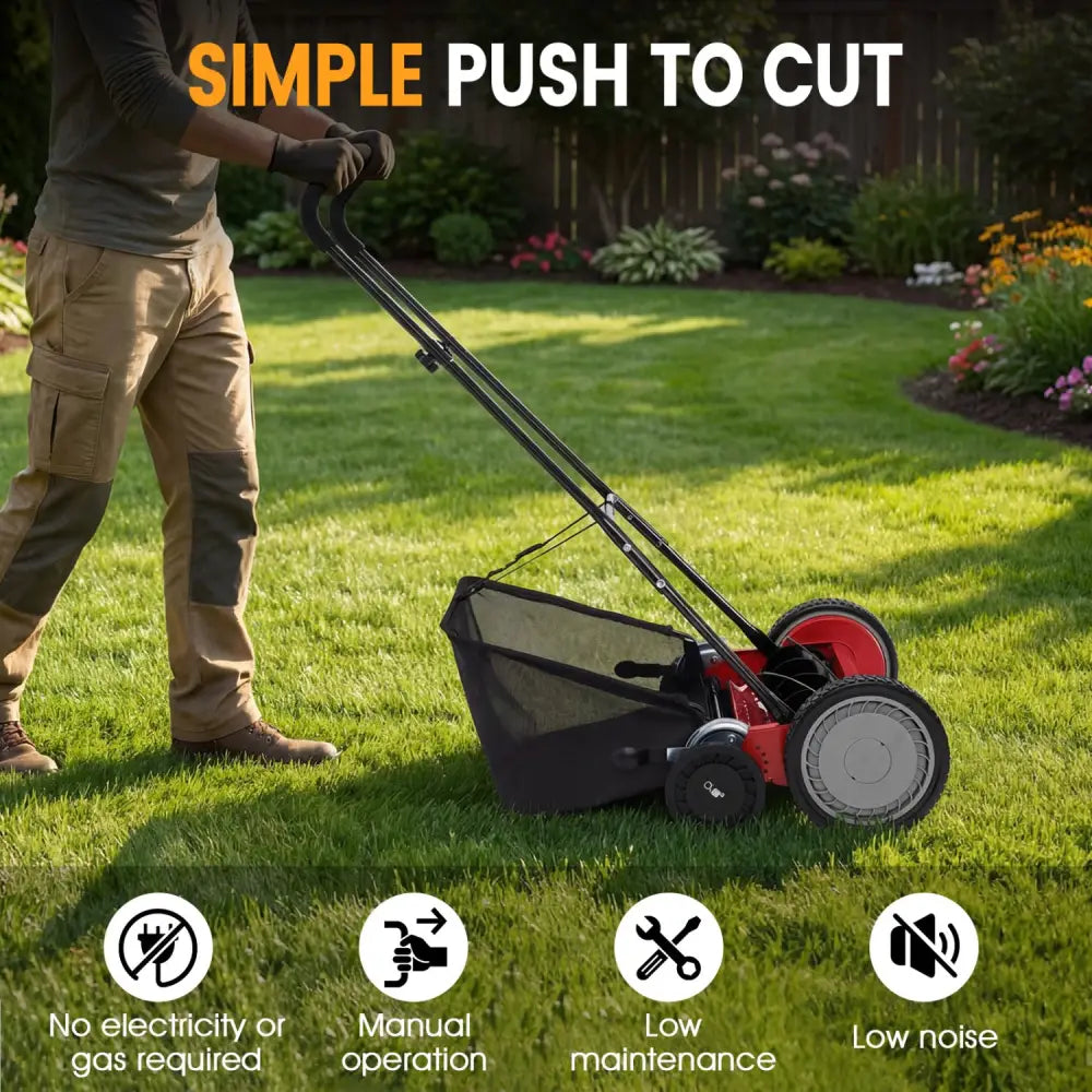 18 Inch Push Reel Lawn Mower 4-Position Adjustable with Removable Grass Catcher-Red - Red - Lawn Care Tools