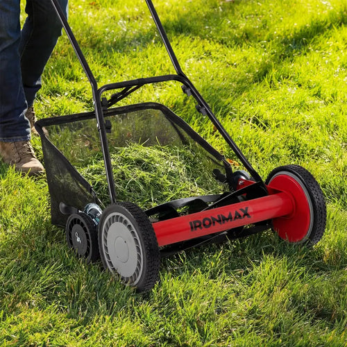 18 Inch Push Reel Lawn Mower 4-Position Adjustable with Removable Grass Catcher-Red - Red - Lawn Care Tools