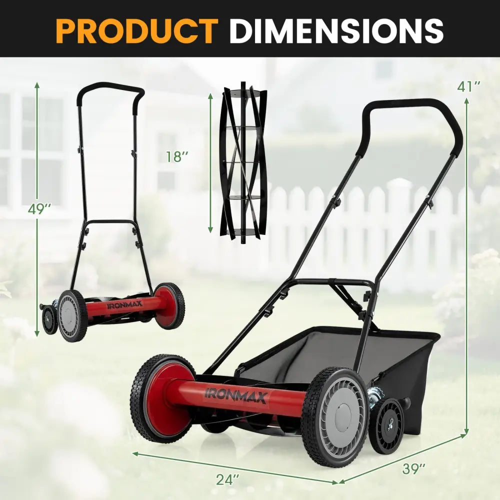 18 Inch Push Reel Lawn Mower 4-Position Adjustable with Removable Grass Catcher-Red - Red - Lawn Care Tools
