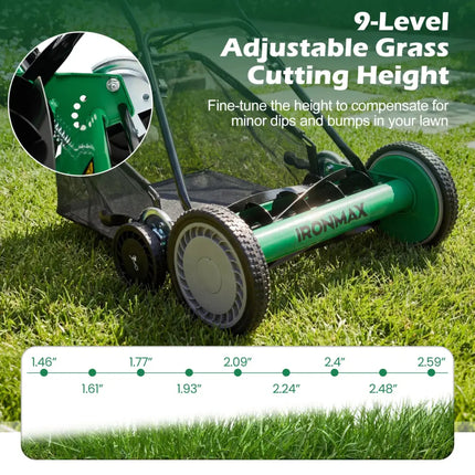 18 Inch Push Reel Lawn Mower 4-Position Adjustable with Removable Grass Catcher-Green - Green - Lawn Care Tools