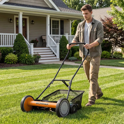 18 Inch Push Reel Lawn Mower 4-Position Adjustable with Removable Grass Catcher-Orange - Orange - Lawn Care Tools