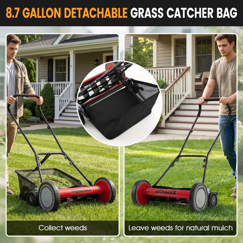 18 Inch Push Reel Lawn Mower 4-Position Adjustable with Removable Grass Catcher-Red - Red - Lawn Care Tools