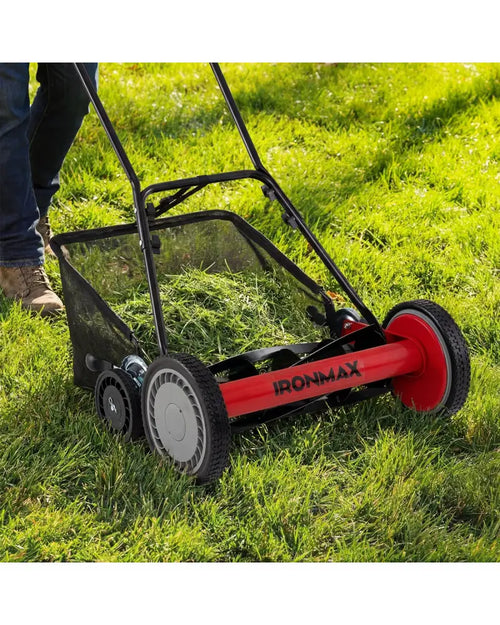 18 Inch Push Reel Lawn Mower 4-Position Adjustable with Removable Grass Catcher-Red - Red - Lawn Care Tools