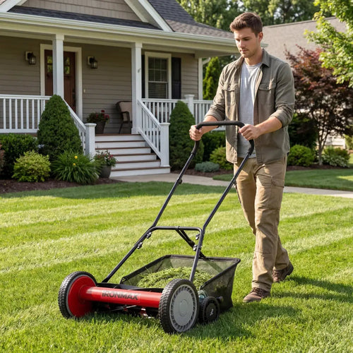 18 Inch Push Reel Lawn Mower 4-Position Adjustable with Removable Grass Catcher-Red - Red - Lawn Care Tools