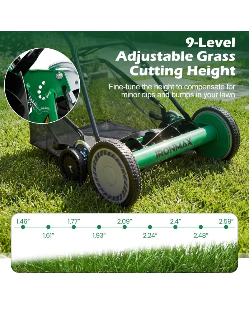 18 Inch Push Reel Lawn Mower 4-Position Adjustable with Removable Grass Catcher-Green - Green - Lawn Care Tools