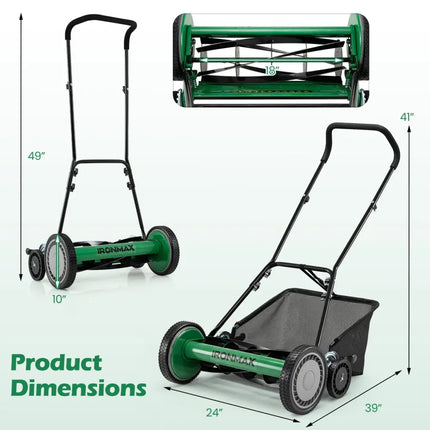 18 Inch Push Reel Lawn Mower 4-Position Adjustable with Removable Grass Catcher-Green - Green - Lawn Care Tools