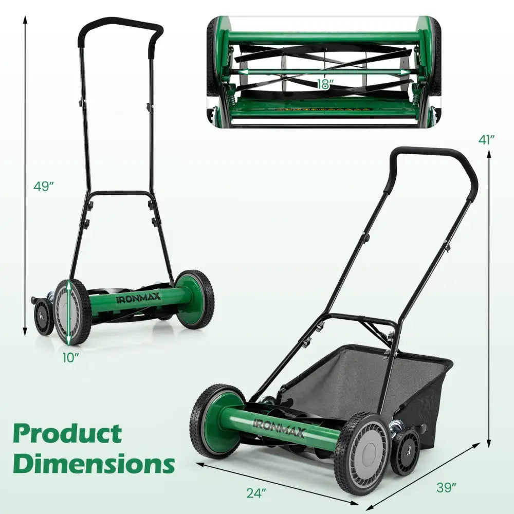 18 Inch Push Reel Lawn Mower 4-Position Adjustable with Removable Grass Catcher-Green - Green - Lawn Care Tools