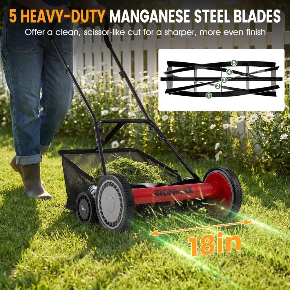 18 Inch Push Reel Lawn Mower 4-Position Adjustable with Removable Grass Catcher-Red - Red - Lawn Care Tools