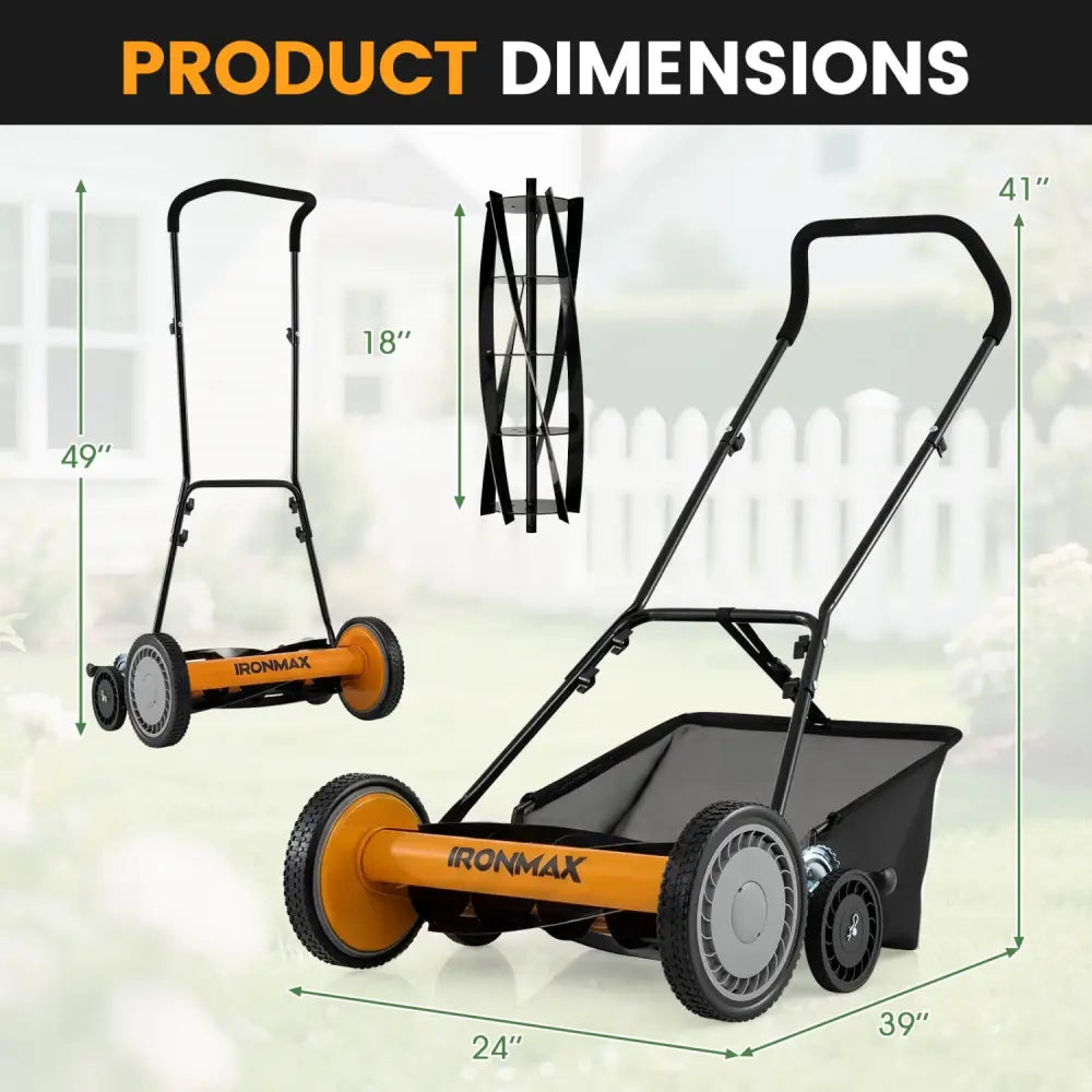 18 Inch Push Reel Lawn Mower 4-Position Adjustable with Removable Grass Catcher-Orange - Orange - Lawn Care Tools