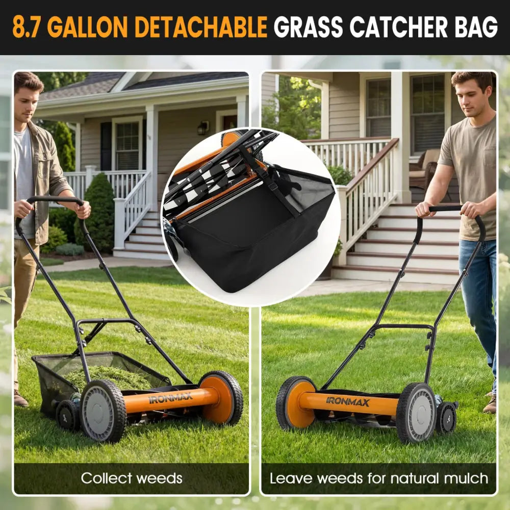 18 Inch Push Reel Lawn Mower 4-Position Adjustable with Removable Grass Catcher-Orange - Orange - Lawn Care Tools