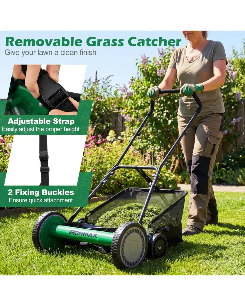 18 Inch Push Reel Lawn Mower 4-Position Adjustable with Removable Grass Catcher-Green - Green - Lawn Care Tools