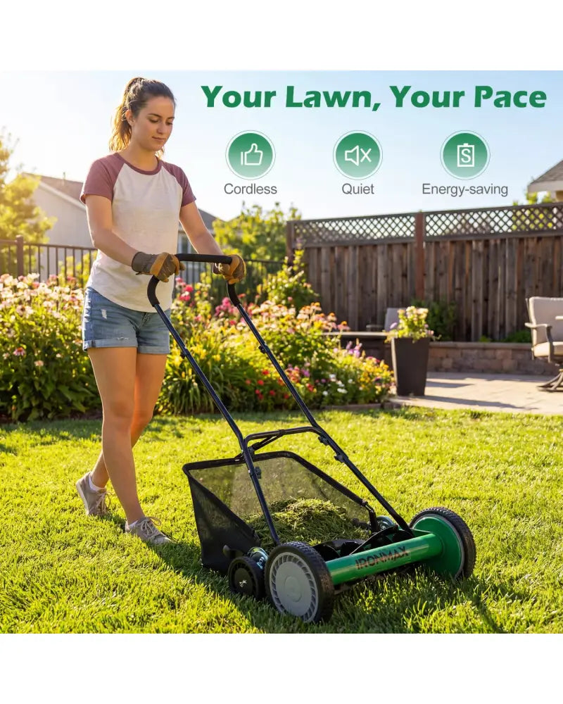 18 Inch Push Reel Lawn Mower 4-Position Adjustable with Removable Grass Catcher-Green - Green - Lawn Care Tools