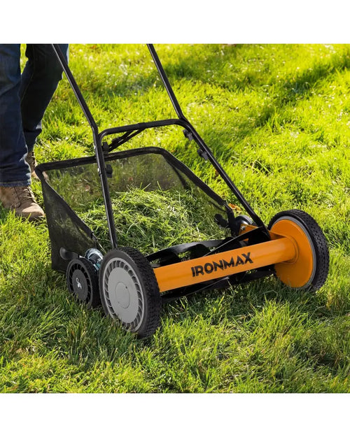 18 Inch Push Reel Lawn Mower 4-Position Adjustable with Removable Grass Catcher-Orange - Orange - Lawn Care Tools