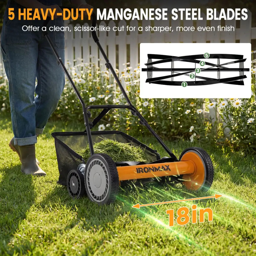 18 Inch Push Reel Lawn Mower 4-Position Adjustable with Removable Grass Catcher-Orange - Orange - Lawn Care Tools
