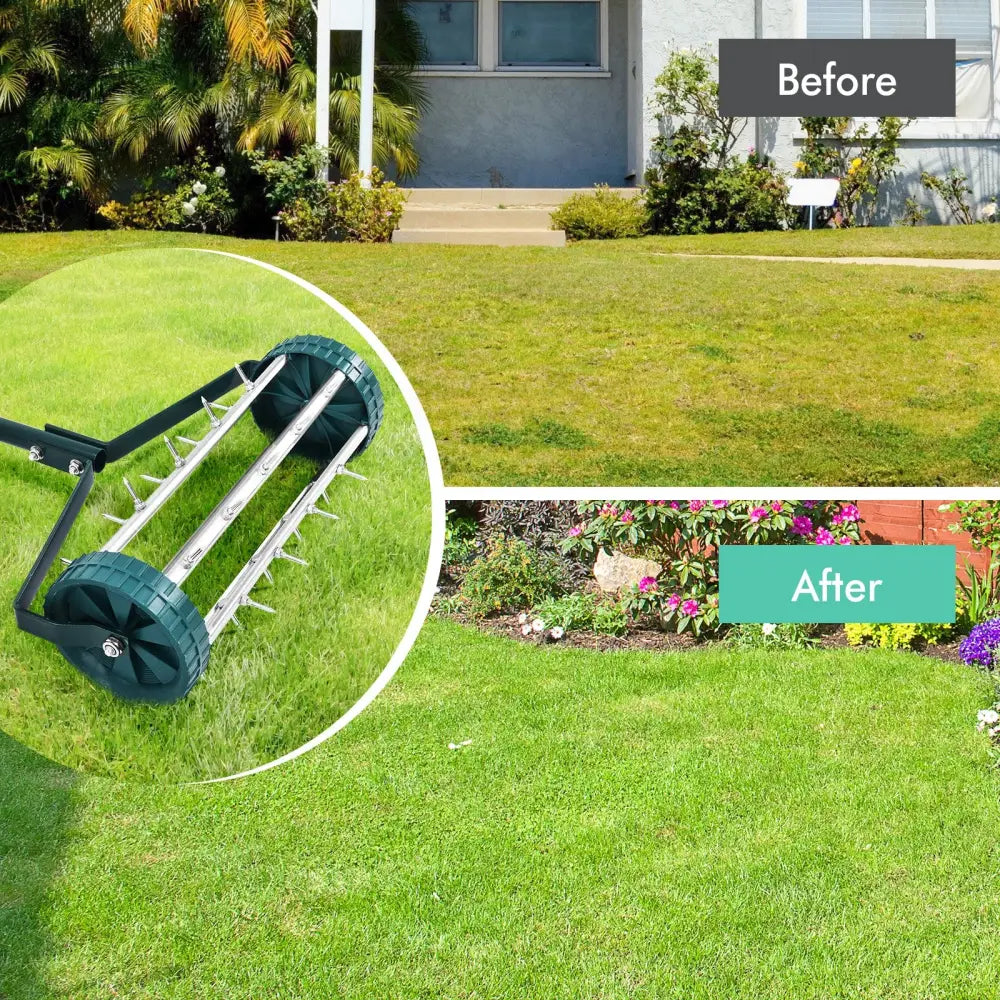 18 Inch Rolling Lawn Aerator with Anti-slip Handle and Tine Spikes - Green - Lawn Care Tools