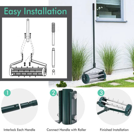 18 Inch Rolling Lawn Aerator with Anti-slip Handle and Tine Spikes - Green - Lawn Care Tools