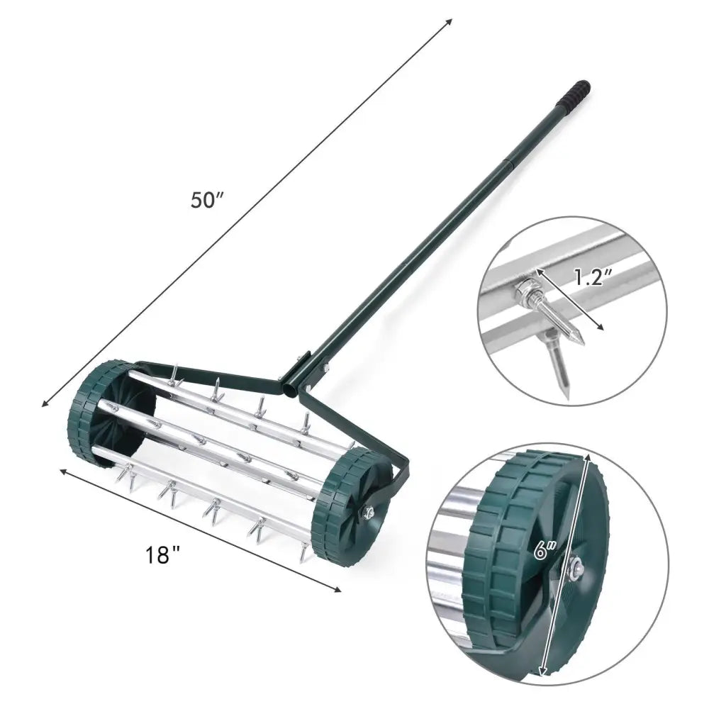 18 Inch Rolling Lawn Aerator with Anti-slip Handle and Tine Spikes - Green - Lawn Care Tools