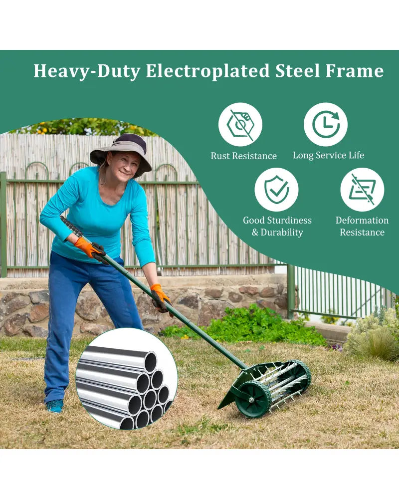 18 Inch Rolling Lawn Aerator with Splash-Proof Fender for Garden - Green - Lawn Care Tools