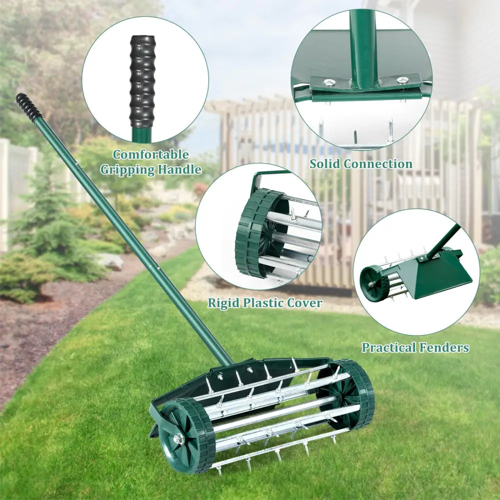 18 Inch Rolling Lawn Aerator with Splash-Proof Fender for Garden - Green - Lawn Care Tools