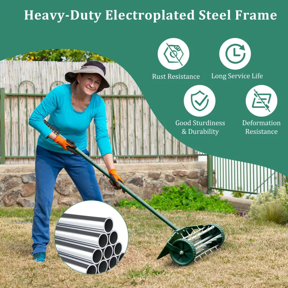 18 Inch Rolling Lawn Aerator with Splash-Proof Fender for Garden - Green - Lawn Care Tools