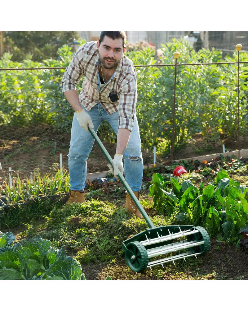 18 Inch Rolling Lawn Aerator with Splash-Proof Fender for Garden - Green - Lawn Care Tools