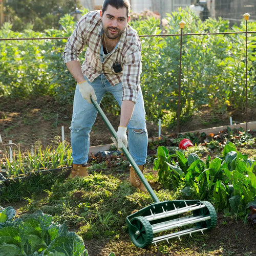18 Inch Rolling Lawn Aerator with Splash-Proof Fender for Garden - Green - Lawn Care Tools