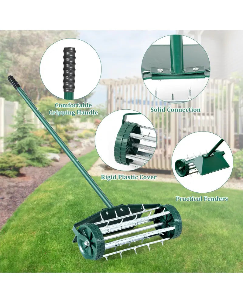 18 Inch Rolling Lawn Aerator with Splash-Proof Fender for Garden - Green - Lawn Care Tools