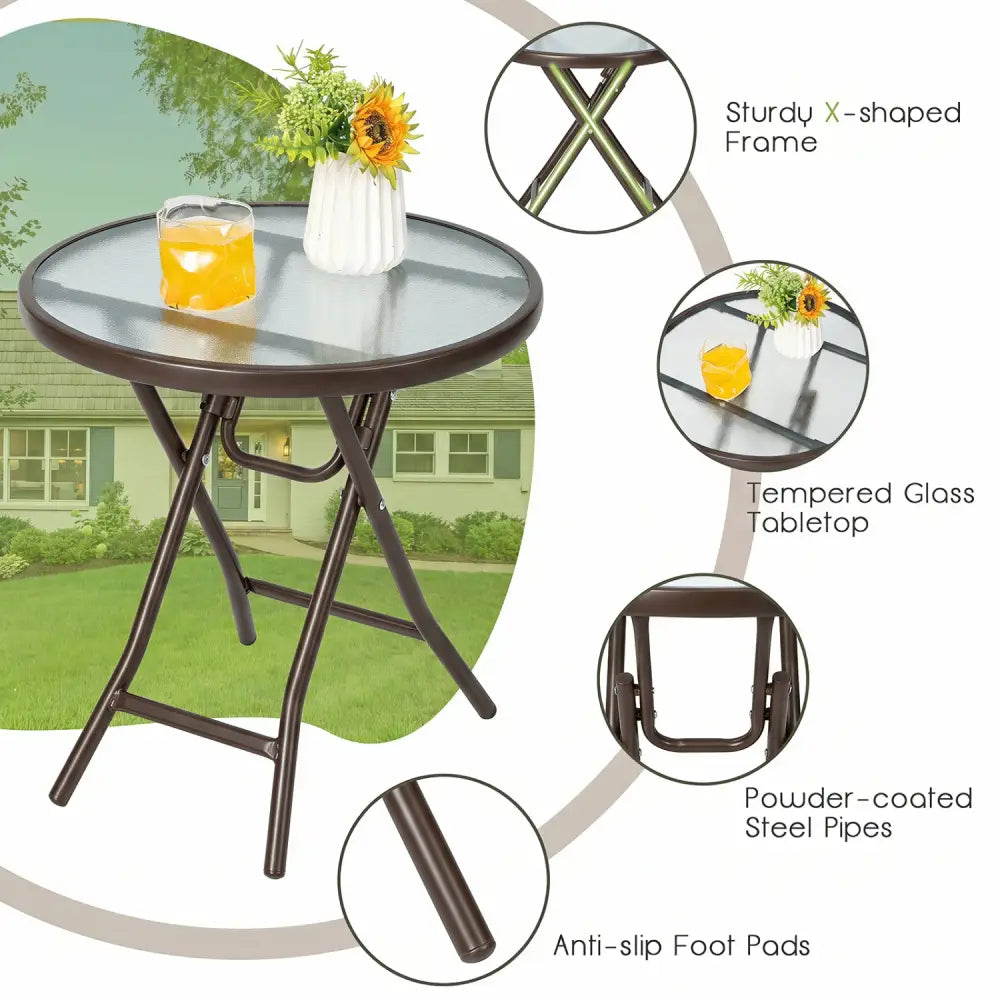 18 Inch Round Patio Side Table with Tempered Glass Top-Brown - Brown - Patio Coffee Tables