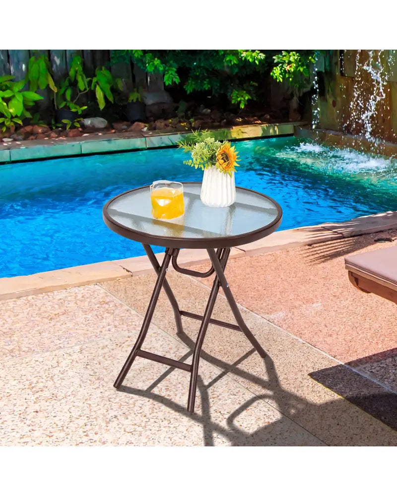 18 Inch Round Patio Side Table with Tempered Glass Top-Brown - Brown - Patio Coffee Tables