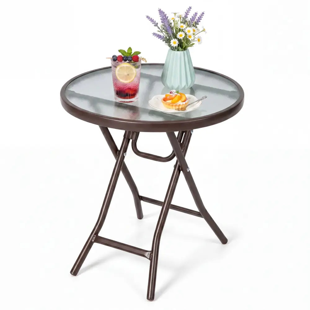 18 Inch Round Patio Side Table with Tempered Glass Top-Brown - Brown - Patio Coffee Tables