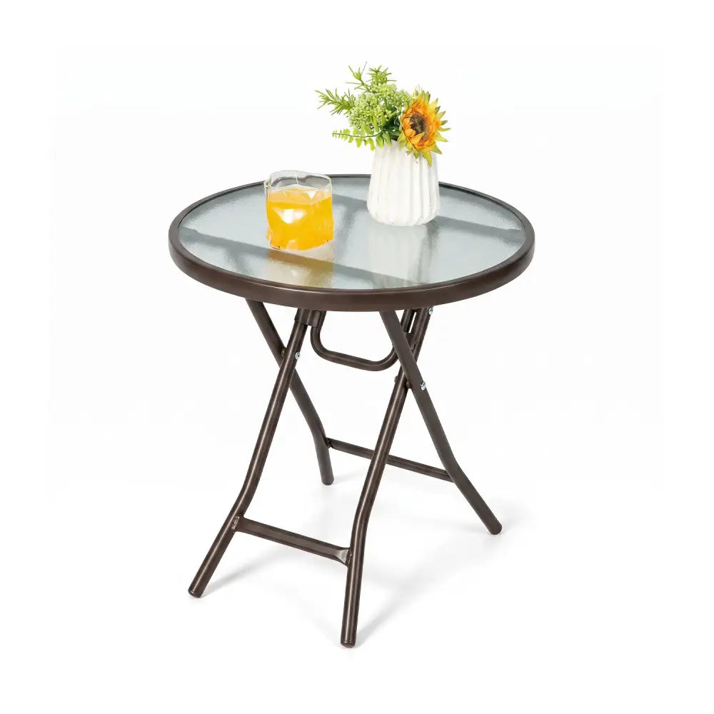 18 Inch Round Patio Side Table with Tempered Glass Top-Brown - Brown - Patio Coffee Tables
