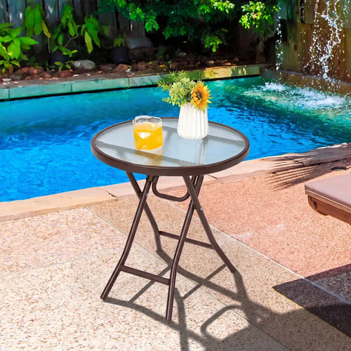 18 Inch Round Patio Side Table with Tempered Glass Top-Brown - Brown - Patio Coffee Tables