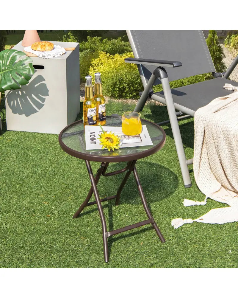 18 Inch Round Patio Side Table with Tempered Glass Top-Brown - Brown - Patio Coffee Tables