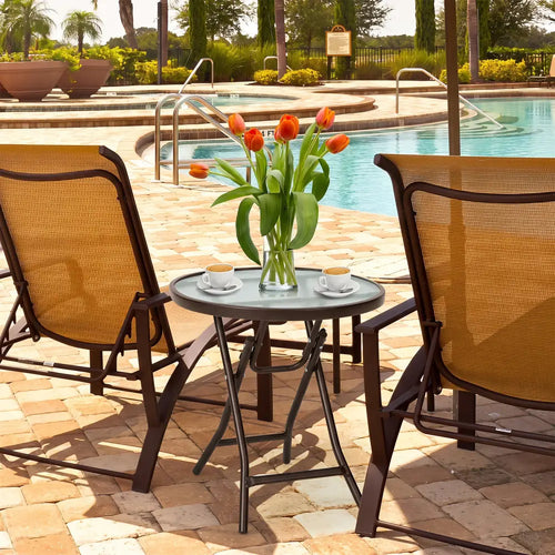 18 Inch Round Patio Side Table with Tempered Glass Top-Brown - Brown - Patio Coffee Tables