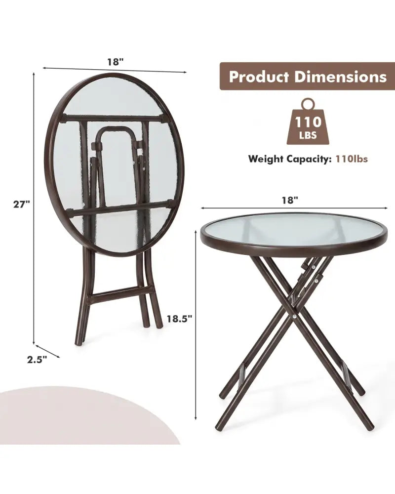 18 Inch Round Patio Side Table with Tempered Glass Top-Brown - Brown - Patio Coffee Tables