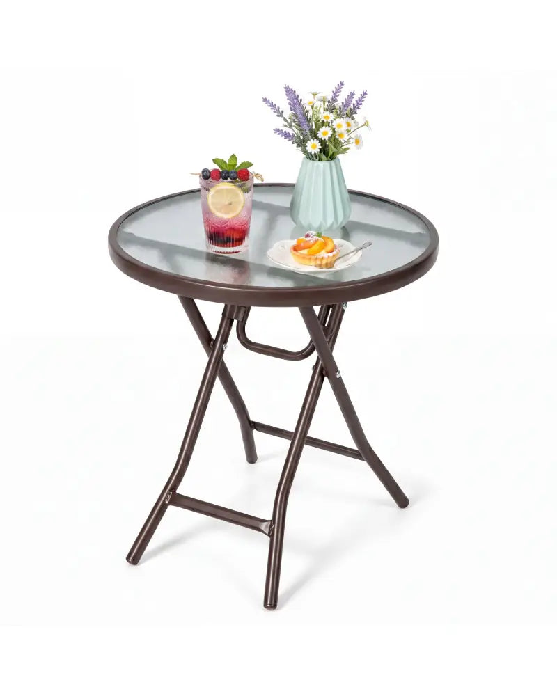 18 Inch Round Patio Side Table with Tempered Glass Top-Brown - Brown - Patio Coffee Tables