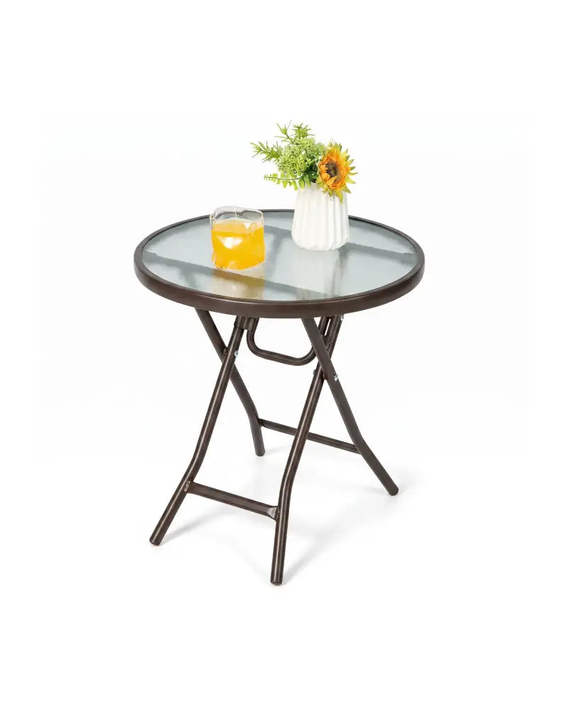 18 Inch Round Patio Side Table with Tempered Glass Top-Brown - Brown - Patio Coffee Tables