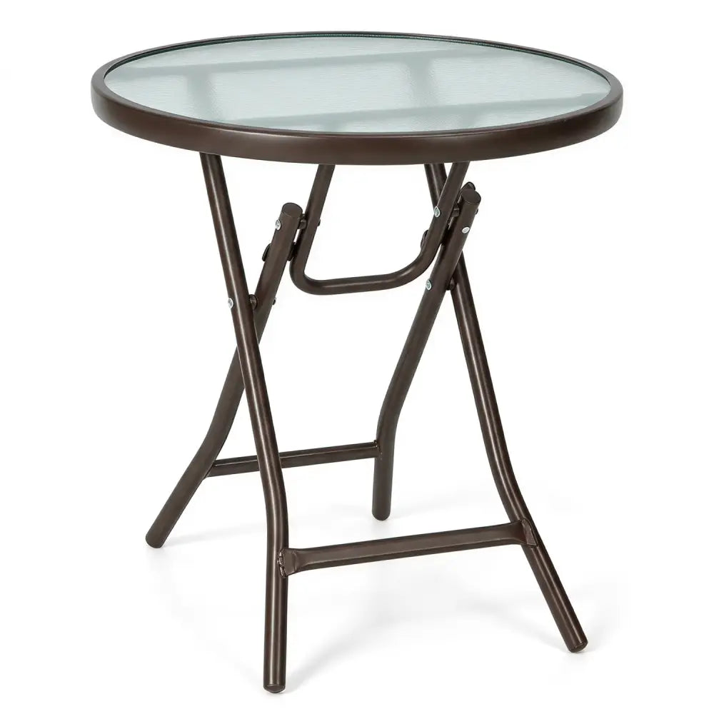 18 Inch Round Patio Side Table with Tempered Glass Top-Brown - Brown - Patio Coffee Tables