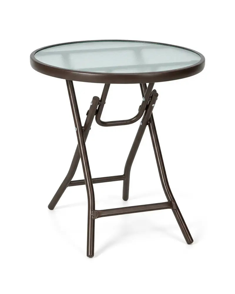 18 Inch Round Patio Side Table with Tempered Glass Top-Brown - Brown - Patio Coffee Tables