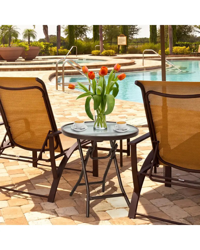 18 Inch Round Patio Side Table with Tempered Glass Top-Brown - Brown - Patio Coffee Tables