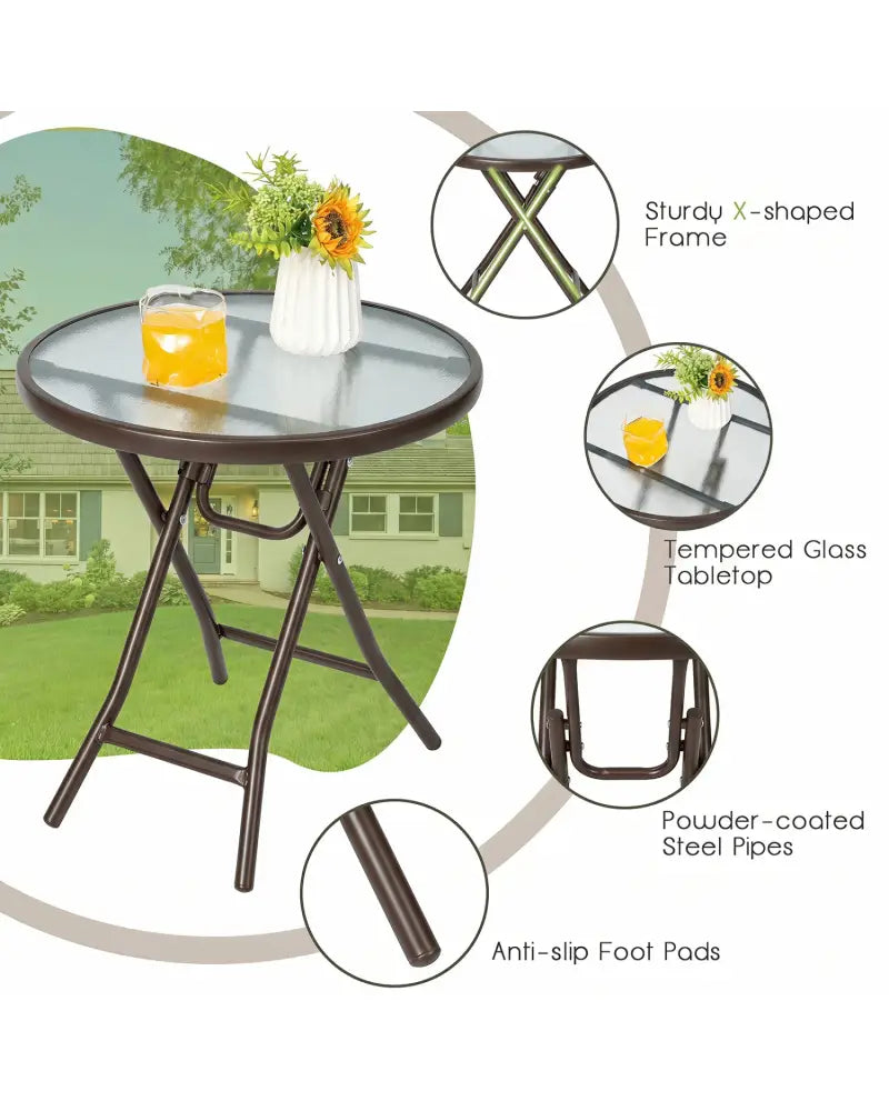 18 Inch Round Patio Side Table with Tempered Glass Top-Brown - Brown - Patio Coffee Tables