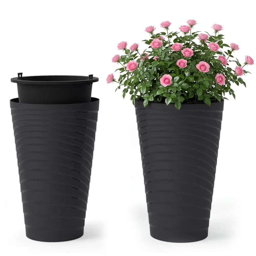 18 Inch Tall Flower Pot Set of 2 with Insert Bucket and Handle Design-Black - Black - Raised Garden Beds