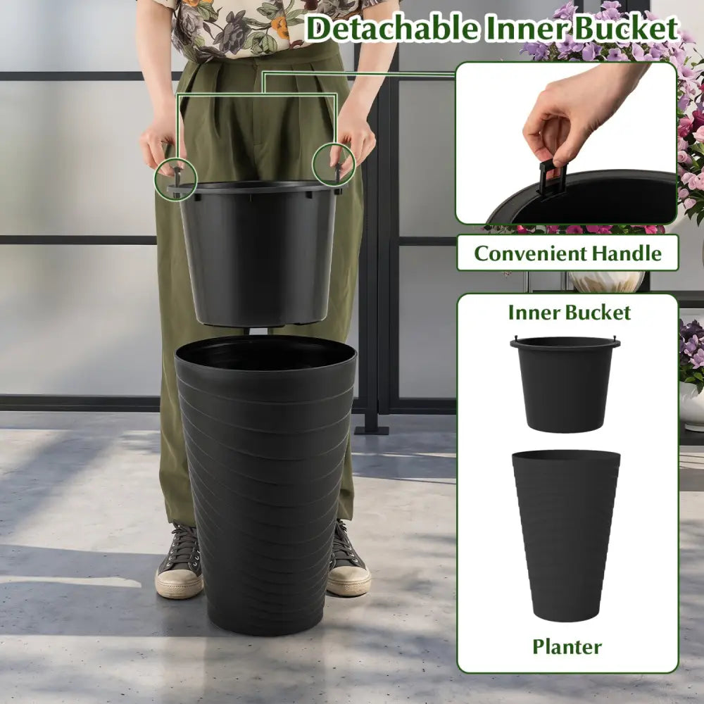 18 Inch Tall Flower Pot Set of 2 with Insert Bucket and Handle Design-Black - Black - Raised Garden Beds