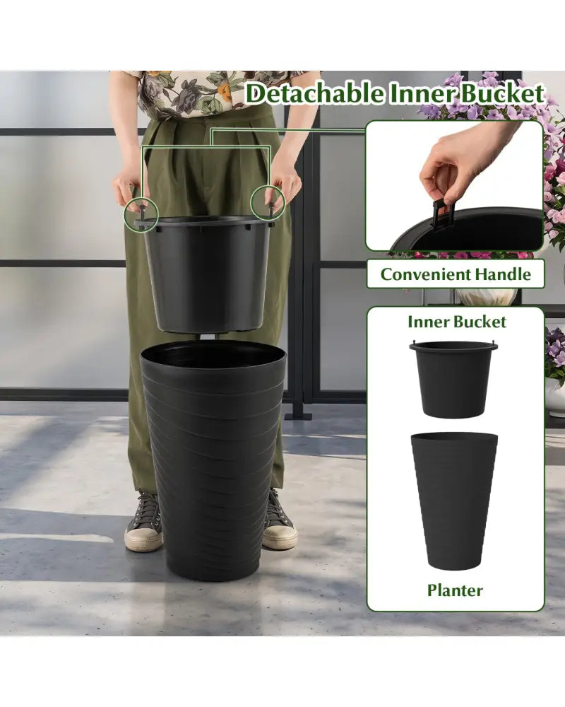 18 Inch Tall Flower Pot Set of 2 with Insert Bucket and Handle Design-Black - Black - Raised Garden Beds